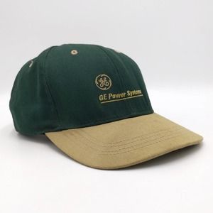 Vintage GE Power Systems Snapback Trucker Hat Two Tone Cap Made in USA Tan Green